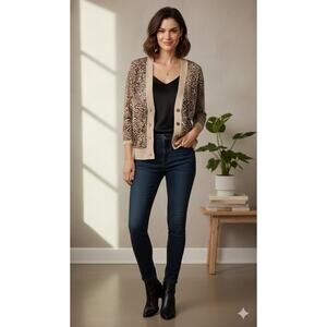 ​Talbots Leopard Print Cashmere Silk Blend V-Neck Button Front Cardigan-Size M